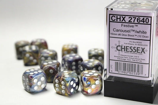 Chessex: Festive Carousel/White 16mm d6 Dice Block (12 Dice) - Collector Store LLC