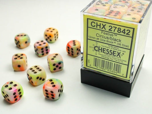 Chessex: Festive Circus/Black 12mm d6 Dice Block (36 Dice) - Collector Store LLC