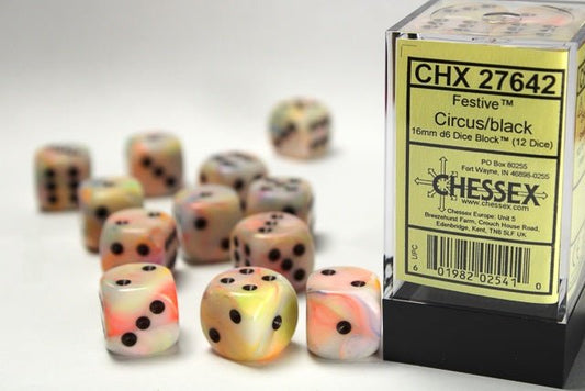 Chessex: Festive Circus/Black 16mm d6 Dice Block (12 Dice) - Collector Store LLC
