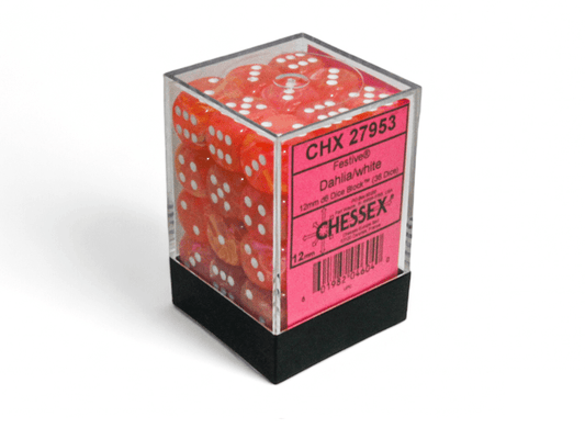 Chessex: Festive Dahlia/White 12mm d6 Dice Block (36 Dice) - Collector Store LLC