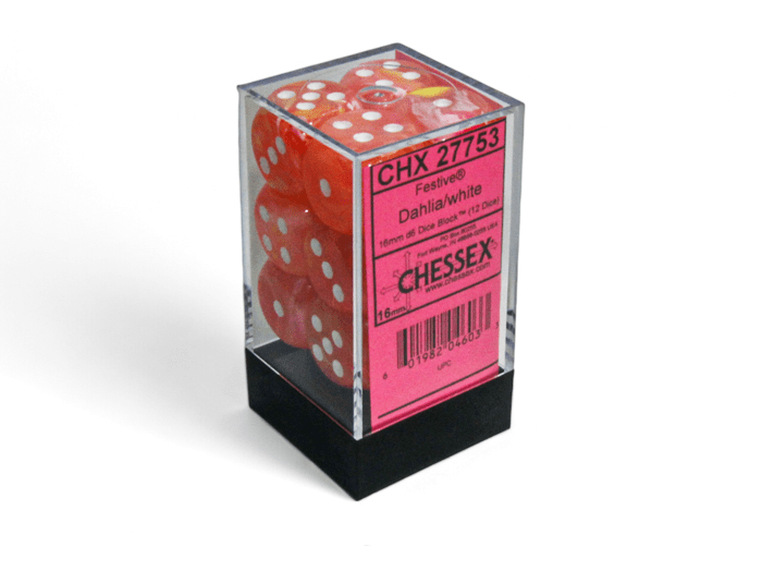 Chessex: Festive Dahlia/White 16mm d6 Dice Block (12 Dice) - Collector Store LLC