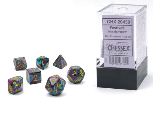 Chessex: Festive Mosaic/Yellow MINI Polyhedral 7 - Dice Set - Collector Store LLC