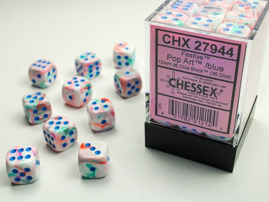 Chessex: Festive Pop - Art/Blue 12mm d6 Dice Block (36 Dice) - Collector Store LLC
