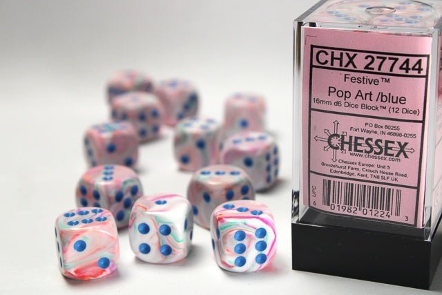 Chessex: Festive Pop - Art/Blue 16mm d6 Dice Block (12 Dice) - Collector Store LLC