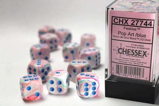 Chessex: Festive Pop - Art/Blue 16mm d6 Dice Block (12 Dice) - Collector Store LLC
