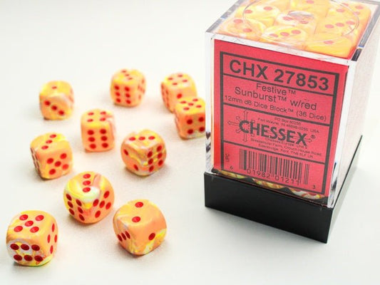 Chessex: Festive Sunburst/Red 12mm d6 Dice Block (36 Dice) - Collector Store LLC
