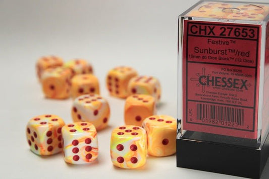 Chessex: Festive Sunburst/Red 16mm d6 Dice Block (12 Dice) - Collector Store LLC
