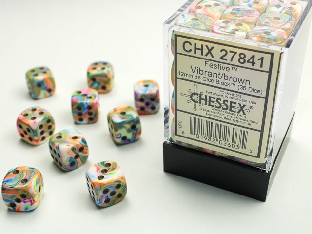 Chessex: Festive Vibrant/Brown 12mm d6 Dice Block (36 Dice) - Collector Store LLC