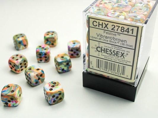 Chessex: Festive Vibrant/Brown 12mm d6 Dice Block (36 Dice) - Collector Store LLC