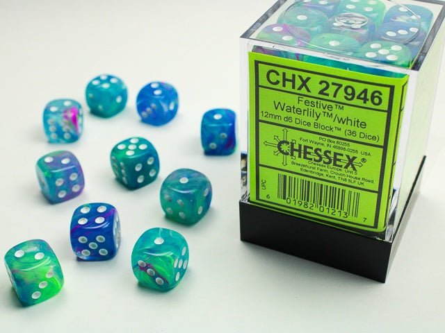 Chessex: Festive WaterLily/White 12mm d6 Dice Block (36 Dice) - Collector Store LLC