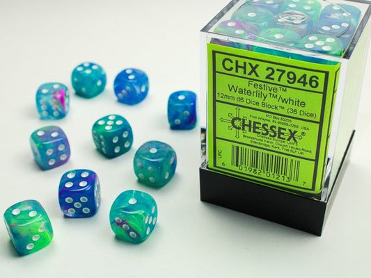 Chessex: Festive WaterLily/White 12mm d6 Dice Block (36 Dice) - Collector Store LLC