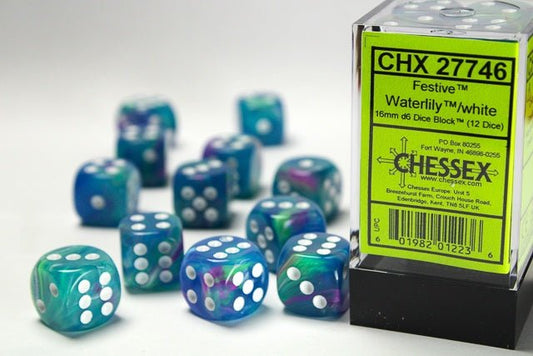 Chessex: Festive WaterLily/White 16mm d6 Dice Block (12 Dice) - Collector Store LLC