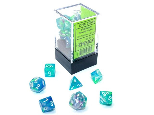 Chessex: Festive WaterLily/White MINI Polyhedral 7 - Dice Set - Collector Store LLC