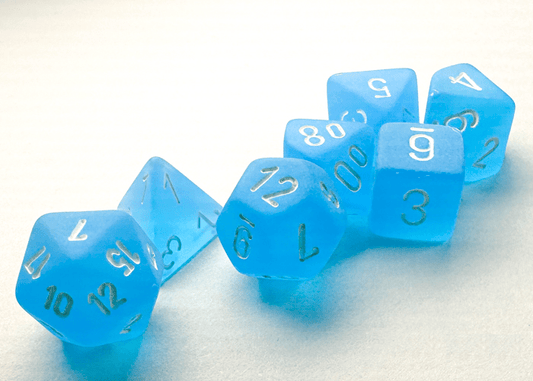 Chessex: Frosted Blue/White MINI Polyhedral 7 - Dice Set - Collector Store LLC
