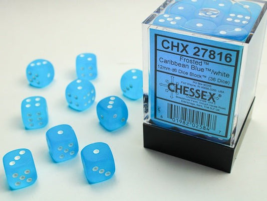 Chessex: Frosted Caribbean Blue/White 12mm d6 Dice Block (36 Dice) - Collector Store LLC