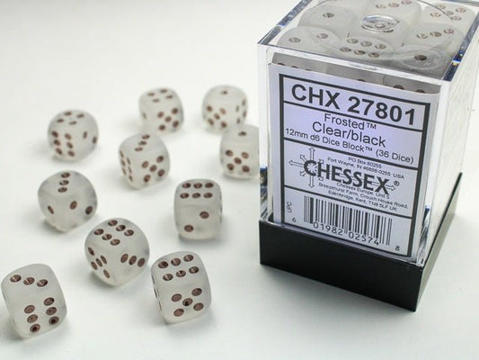 Chessex: Frosted Clear/Black 12mm d6 Dice Block (36 Dice) - Collector Store LLC