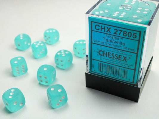 Chessex: Frosted Teal/White 12mm d6 Dice Block (36 Dice) - Collector Store LLC