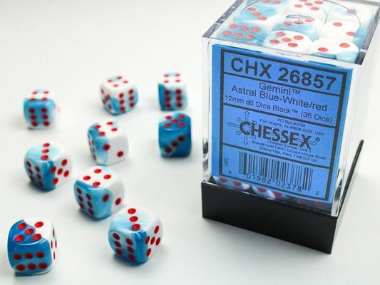 Chessex: Gemini AstralBlue/White 12mm d6 Dice Block (36 Dice) - Collector Store LLC