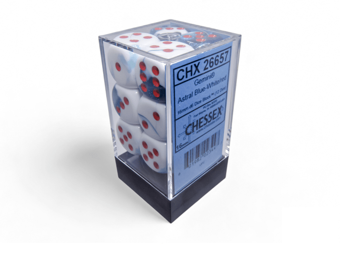 Chessex: Gemini AstralBlue/White 16mm d6 Dice Block (12 Dice) - Collector Store LLC