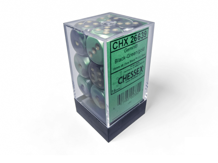 Chessex: Gemini Black/Green 16mm d6 Dice Block (12 Dice) - Collector Store LLC