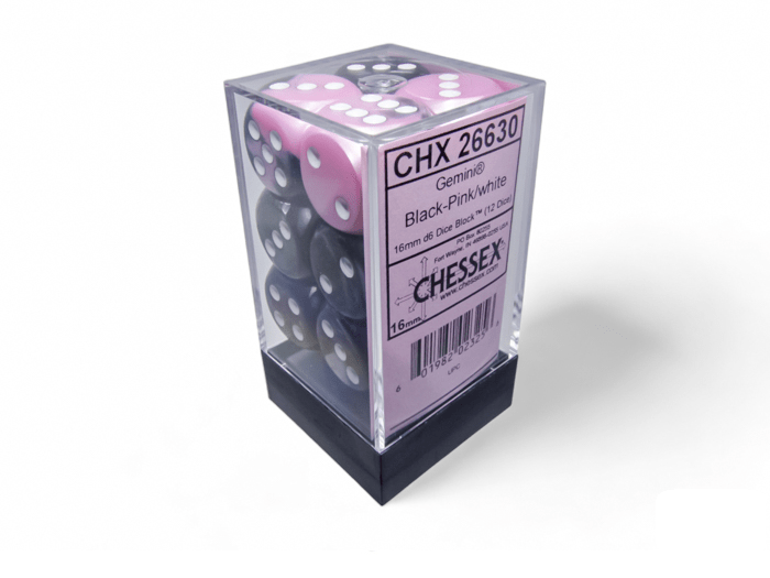 Chessex: Gemini Black/Pink 16mm d6 Dice Block (12 Dice) - Collector Store LLC
