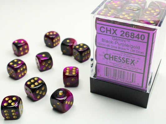 Chessex: Gemini Black/Purple 12mm d6 Dice Block (36 Dice) - Collector Store LLC