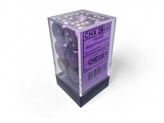 Chessex: Gemini Black/Purple 16mm d6 Dice Block (12 Dice) - Collector Store LLC