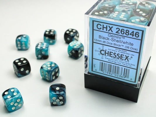 Chessex: Gemini Black/Shell 12mm d6 Dice Block (36 Dice) - Collector Store LLC