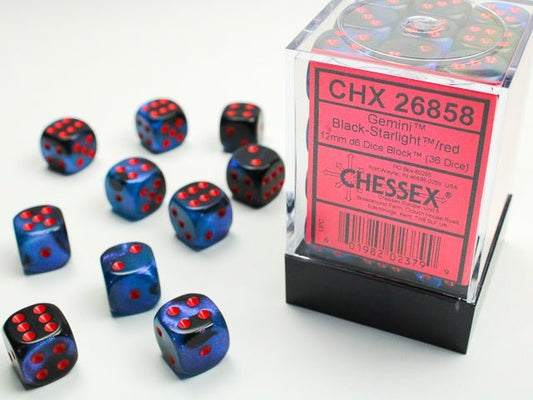 Chessex: Gemini Black/Starlight 12mm d6 Dice Block (36 Dice) - Collector Store LLC