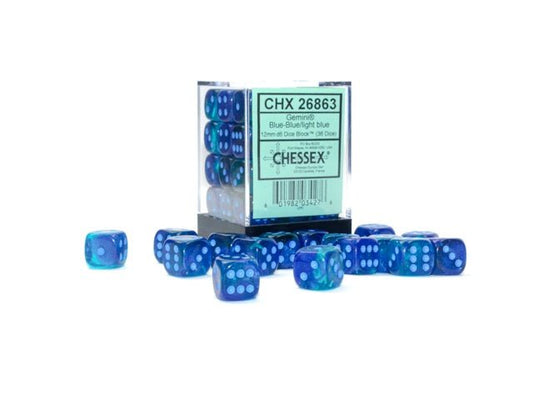 Chessex: Gemini Blue/Blue 12mm d6 Dice Block (36 Dice) - Collector Store LLC