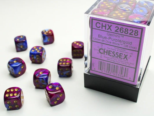 Chessex: Gemini Blue/Purple 12mm d6 Dice Block (36 Dice) - Collector Store LLC