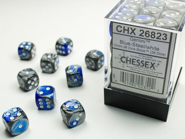 Chessex: Gemini Blue/Steel 12mm d6 Dice Block (36 Dice) - Collector Store LLC