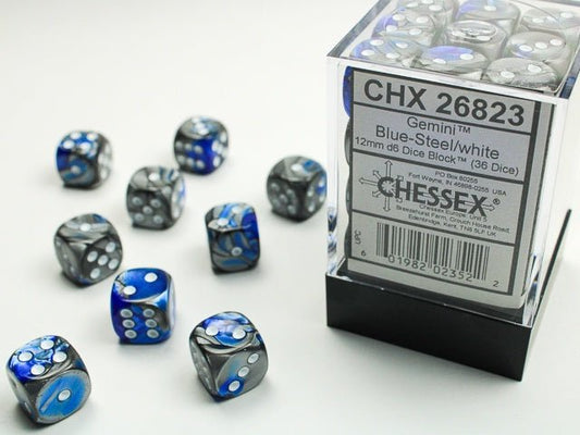 Chessex: Gemini Blue/Steel 12mm d6 Dice Block (36 Dice) - Collector Store LLC