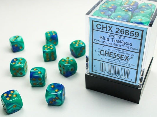 Chessex: Gemini Blue/Teal 12mm d6 Dice Block (36 Dice) - Collector Store LLC