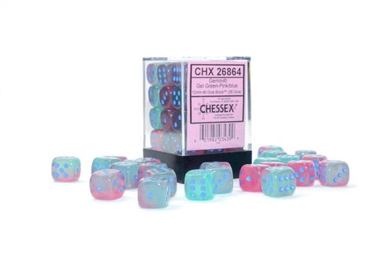 Chessex: Gemini Gel Green/Pink 12mm d6 Dice Block (36 Dice) - Collector Store LLC