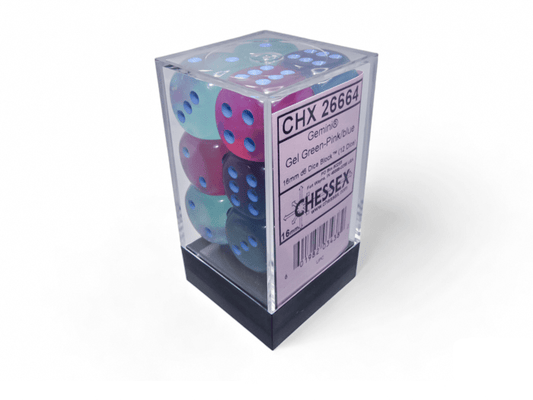 Chessex: Gemini Gel Green/Pink 16mm d6 Dice Block (12 Dice) - Collector Store LLC
