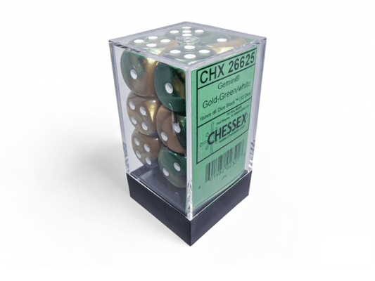 Chessex: Gemini Gold/Green 16mm d6 Dice Block (12 Dice) - Collector Store LLC