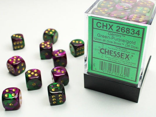 Chessex: Gemini Green/Purple 12mm d6 Dice Block (36 Dice) - Collector Store LLC