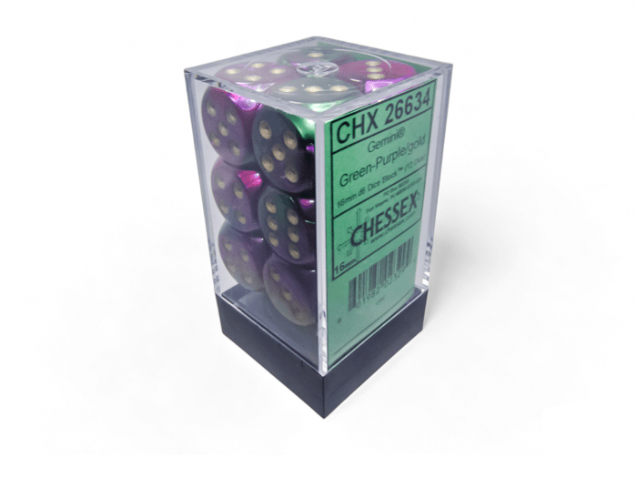 Chessex: Gemini Green/Purple 16mm d6 Dice Block (12 Dice) - Collector Store LLC