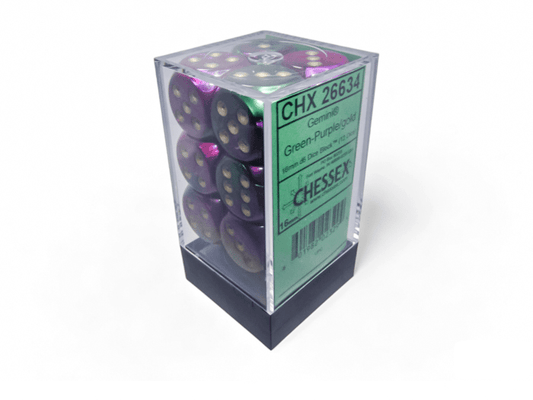 Chessex: Gemini Green/Purple 16mm d6 Dice Block (12 Dice) - Collector Store LLC
