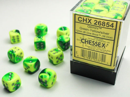 Chessex: Gemini Green/Yellow 12mm d6 Dice Block (36 Dice) - Collector Store LLC
