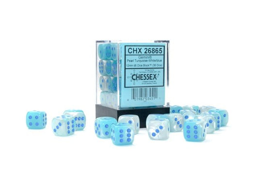 Chessex: Gemini Pearl Turquoise/White 12mm d6 Dice Block (36 Dice) - Collector Store LLC