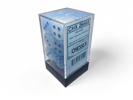 Chessex: Gemini Pearl Turquoise/White 16mm d6 Dice Block (12 Dice) - Collector Store LLC