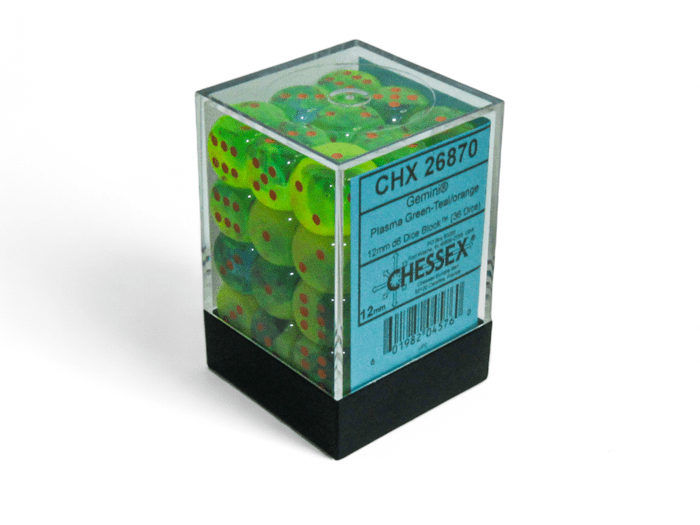 Chessex: Gemini Plasma Green/Teal 12mm d6 Dice Block (36 Dice) - Collector Store LLC