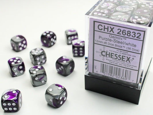 Chessex: Gemini Purple/Steel 12mm d6 Dice Block (36 Dice) - Collector Store LLC