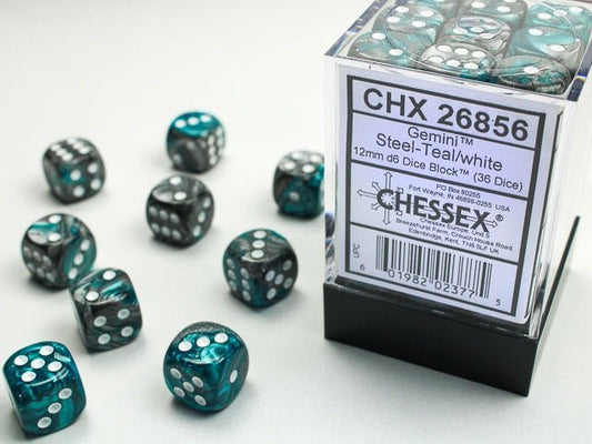 Chessex: Gemini Steel/Teal 12mm d6 Dice Block (36 Dice) - Collector Store LLC