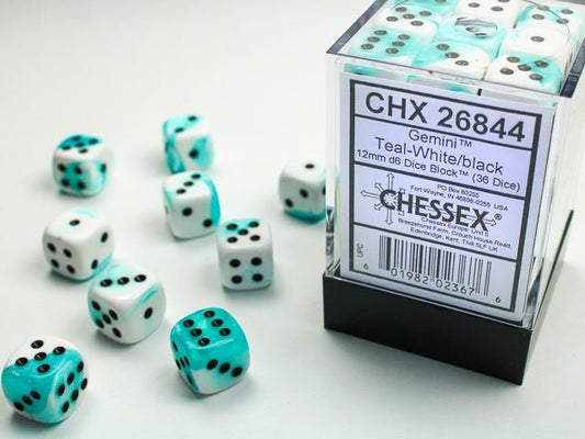 Chessex: Gemini Teal/White 12mm d6 Dice Block (36 Dice) - Collector Store LLC