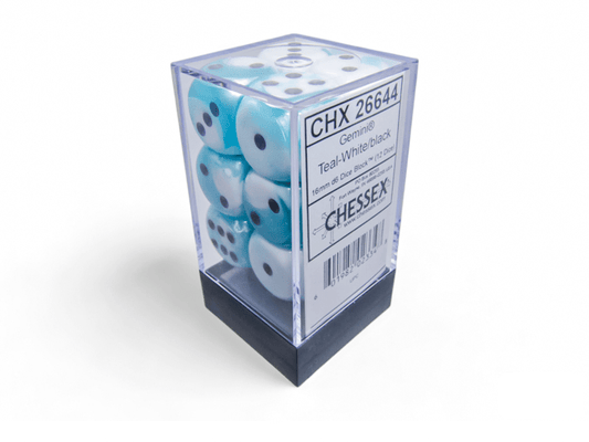 Chessex: Gemini Teal/White 16mm d6 Dice Block (12 Dice) - Collector Store LLC