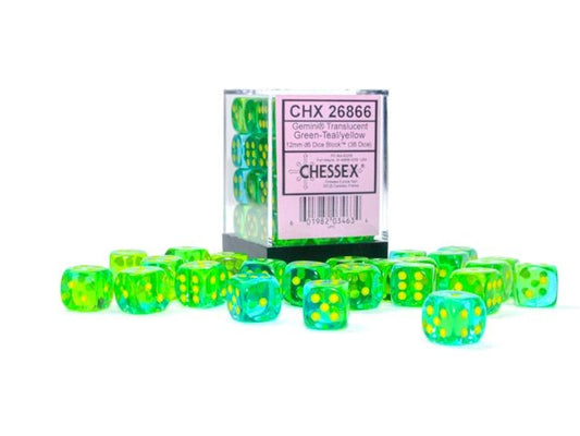 Chessex: Gemini Translucent Green/Teal 12mm d6 Dice Block (36 Dice) - Collector Store LLC
