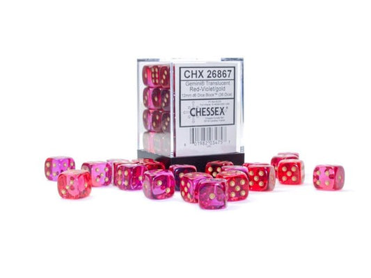 Chessex: Gemini Translucent Red/Violet 12mm d6 Dice Block (36 Dice) - Collector Store LLC